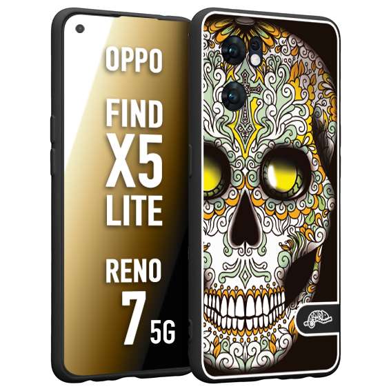 CUSTOMIZZA - Custodia cover nera morbida in tpu compatibile per Oppo Reno 7 - Find X5 LITE teschio messicano Mexican skull bianco verde giallo