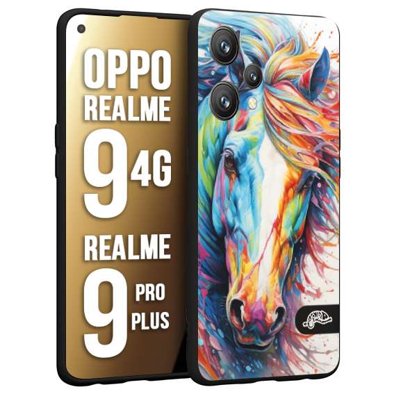 CUSTOMIZZA - Custodia cover nera morbida in tpu compatibile per Oppo Realme 9 4G - 9 PRO PLUS animali color cavallo horse viso colori vibranti disegnato schizzo