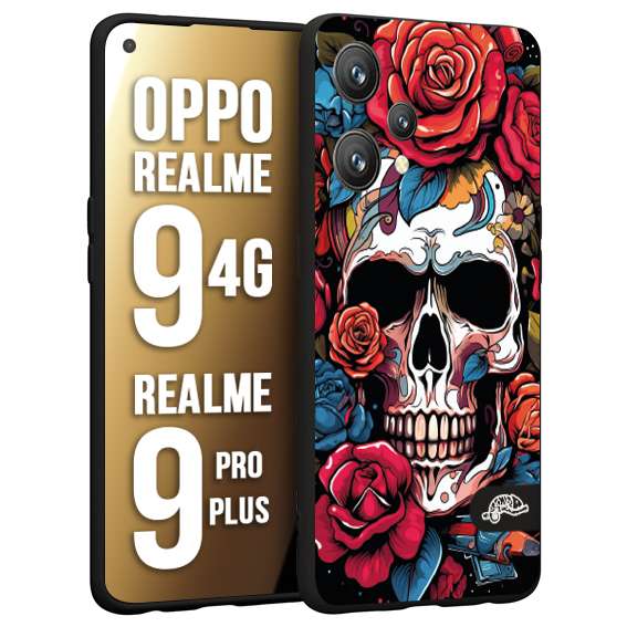CUSTOMIZZA - Custodia cover nera morbida in tpu compatibile per Oppo Realme 9 4G - 9 PRO PLUS teschio skull flowers fiori rose rosse tattoo disegnato