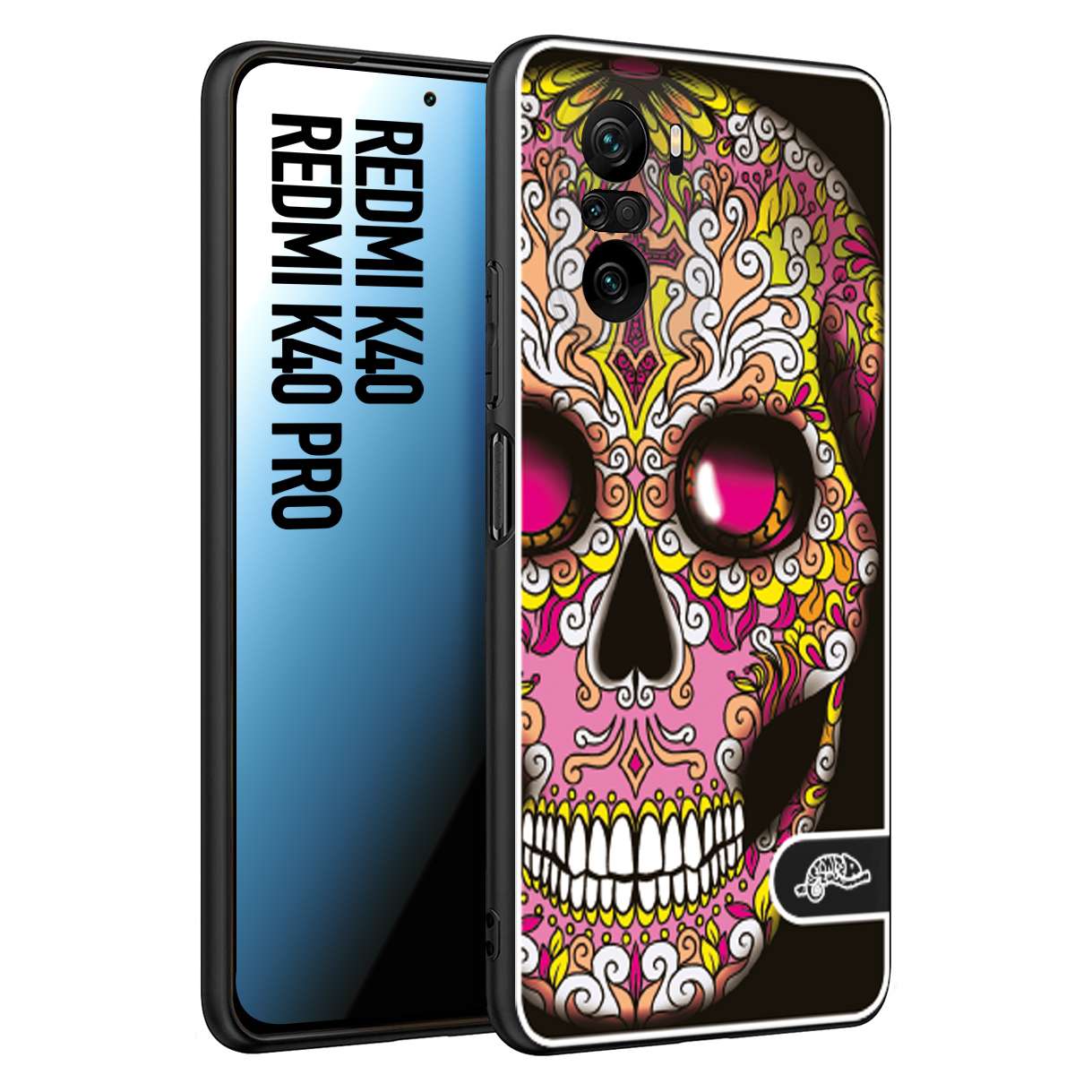 CUSTOMIZZA - Custodia cover nera morbida in tpu compatibile per Xiaomi Redmi K40 - K40 Pro teschio messicano Mexican skull rosa gialla
