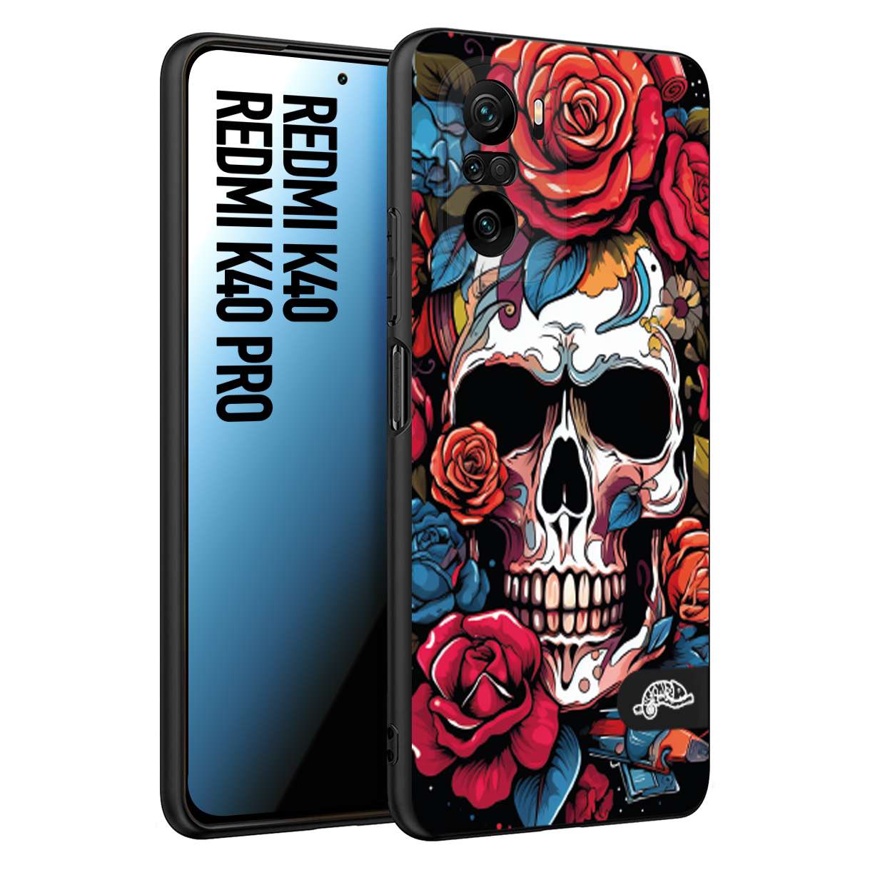 CUSTOMIZZA - Custodia cover nera morbida in tpu compatibile per Xiaomi Redmi K40 - K40 Pro teschio skull flowers fiori rose rosse tattoo disegnato