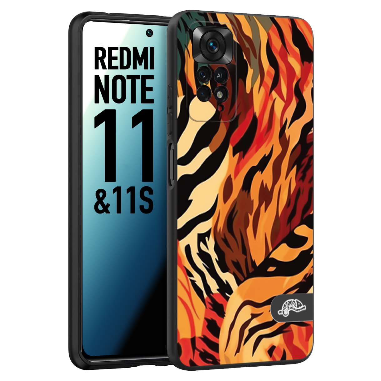 CUSTOMIZZA - Custodia cover nera morbida in tpu compatibile per Xiaomi Redmi Note 11 - Note 11S leopardato maculato tigrato tiger colorata gialla rossa arancio
