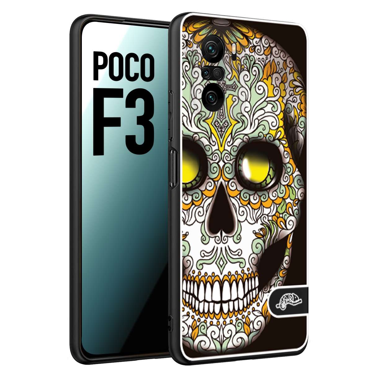 CUSTOMIZZA - Custodia cover nera morbida in tpu compatibile per Xiaomi Poco F3 teschio messicano Mexican skull bianco verde giallo