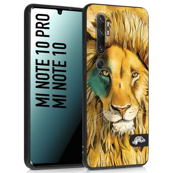 CUSTOMIZZA - Custodia cover nera morbida in tpu compatibile per Xiaomi Mi Note 10 - Mi Note 10 Pro leone lion disegnato a mano giallo blu a rilievo artistico brown