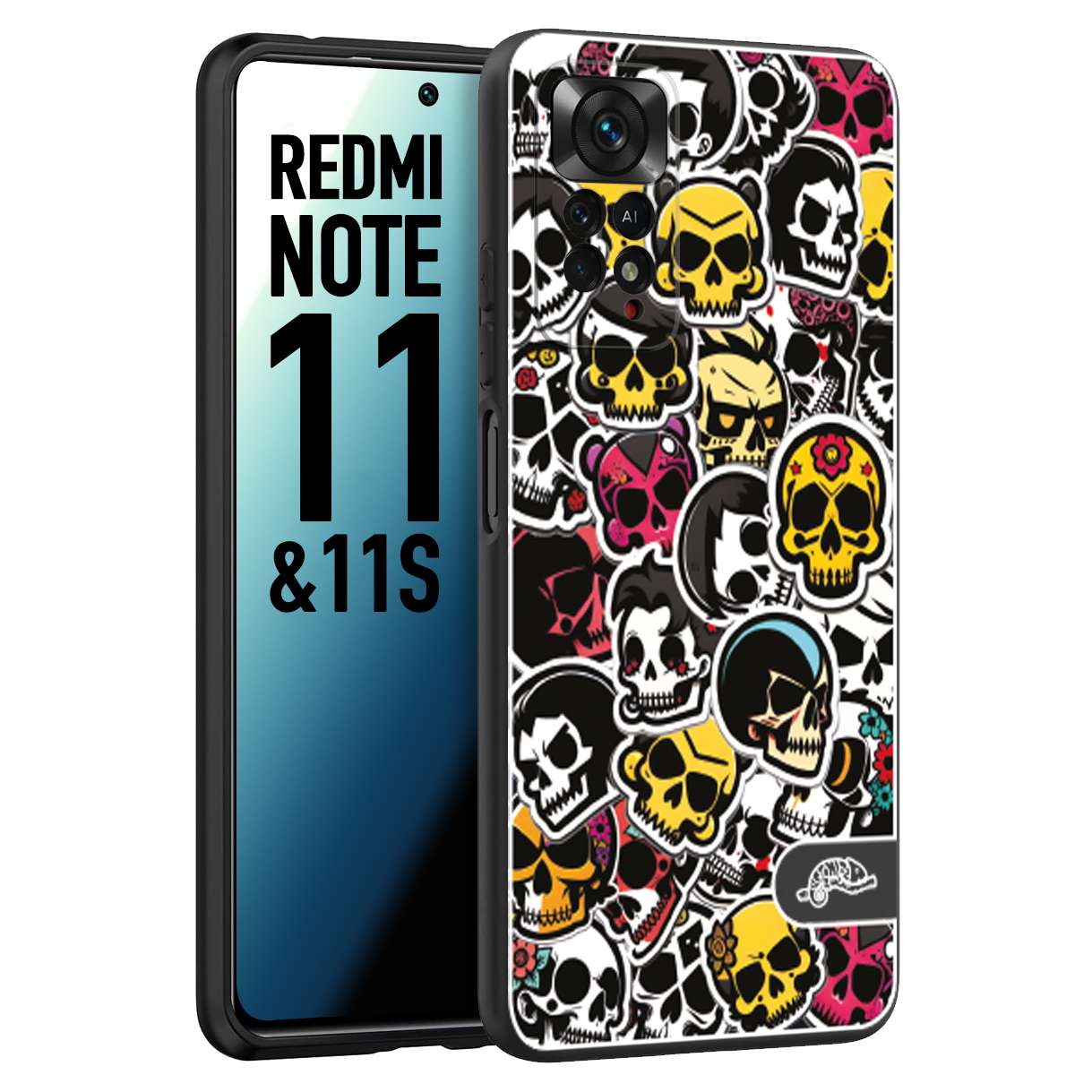 CUSTOMIZZA - Custodia cover nera morbida in tpu compatibile per Xiaomi Redmi Note 11 - Note 11S sticker bomb teschi colorati adesivi skulls skater snowboard