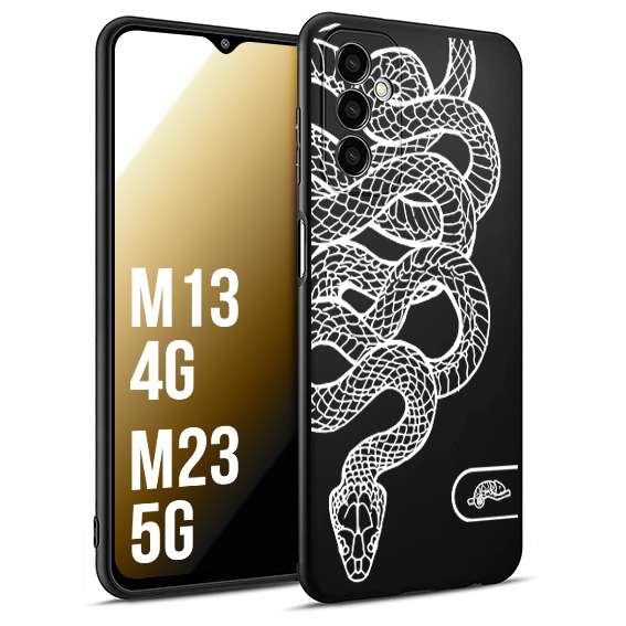 CUSTOMIZZA - Custodia cover nera morbida in tpu compatibile per Samsung M13 4G - M23 5G serpente snake bianco a rilievo disegnato tattoo tatuaggio