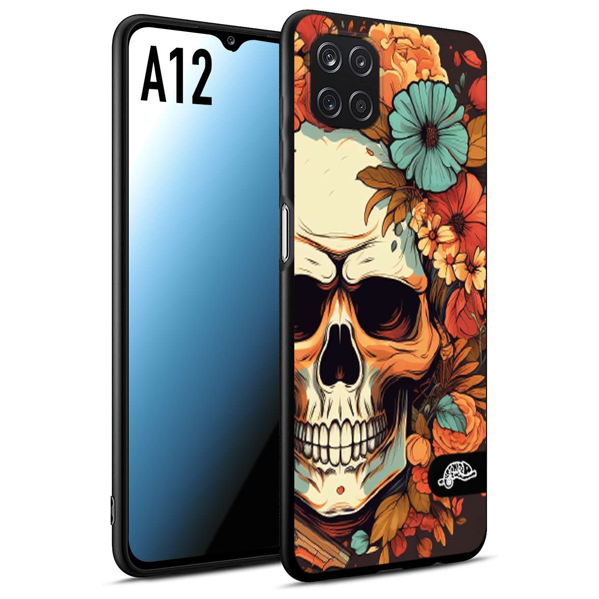 CUSTOMIZZA - Custodia cover nera morbida in tpu compatibile per Samsung A12 teschio skull flowers fiori autunnali arancio celeste tattoo
