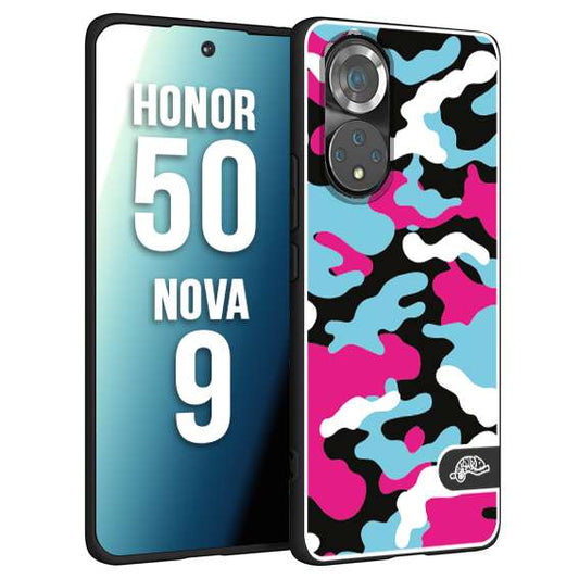 CUSTOMIZZA - Custodia cover nera morbida in tpu compatibile per Huawei Nova 9 - Honor 50 camouflage mimetico militare fucsia celeste