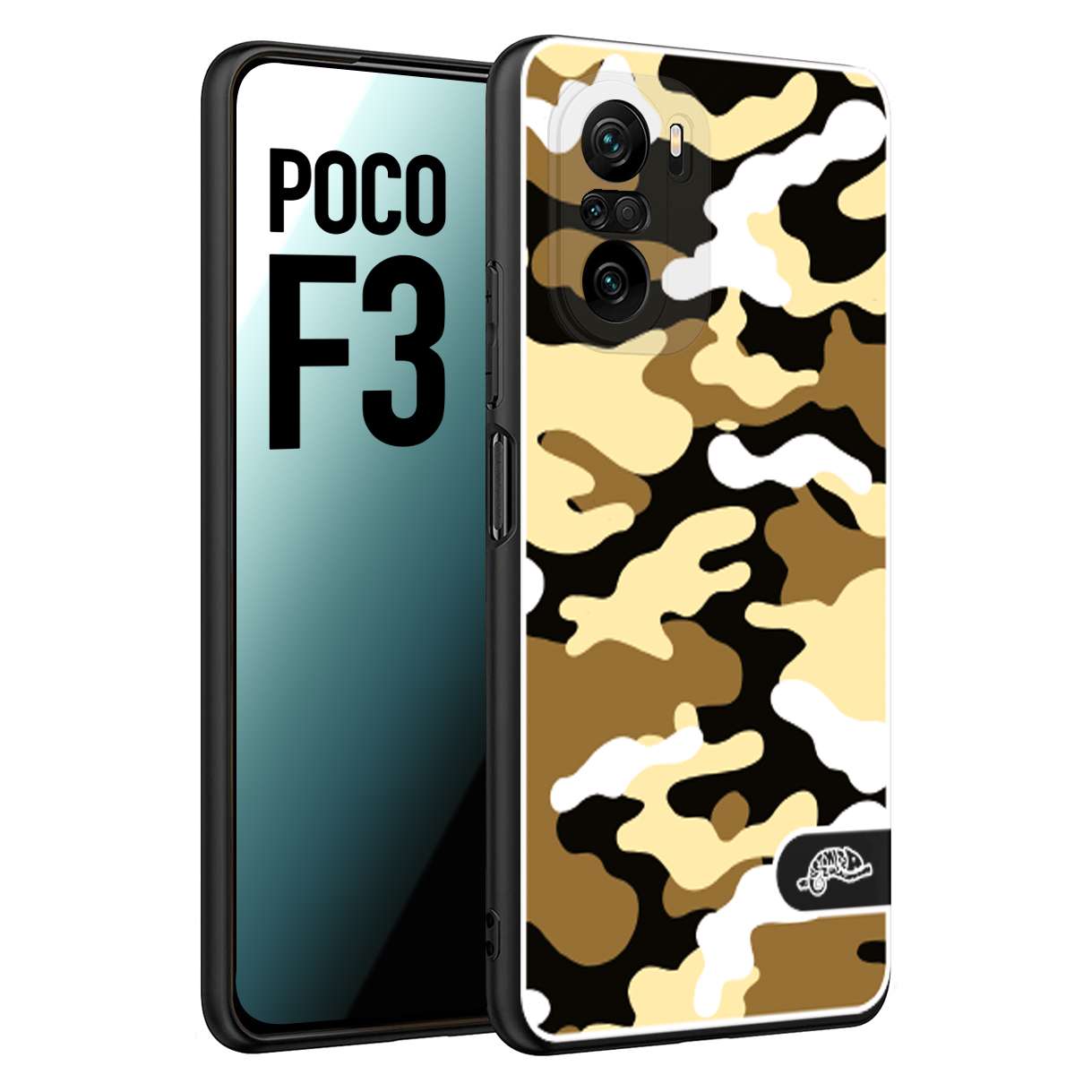 CUSTOMIZZA - Custodia cover nera morbida in tpu compatibile per Xiaomi Poco F3 camouflage mimetico militare giallo desert brown