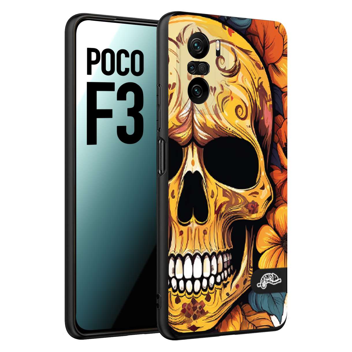 CUSTOMIZZA - Custodia cover nera morbida in tpu compatibile per Xiaomi Poco F3 teschio messicano colorato dorato fiori autunnali disegnato
