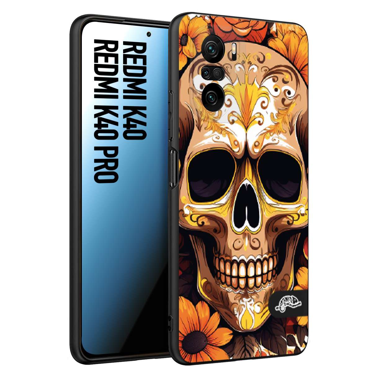 CUSTOMIZZA - Custodia cover nera morbida in tpu compatibile per Xiaomi Redmi K40 - K40 Pro teschio messicano colorato dorato fiori tattoo disegnato