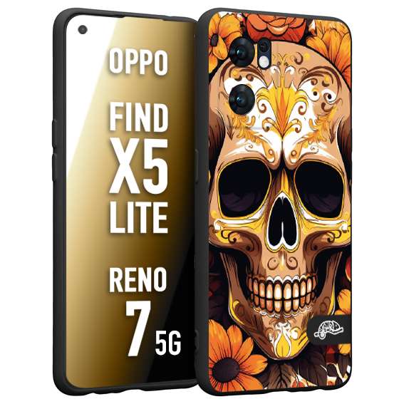 CUSTOMIZZA - Custodia cover nera morbida in tpu compatibile per Oppo Reno 7 - Find X5 LITE teschio messicano colorato dorato fiori tattoo disegnato
