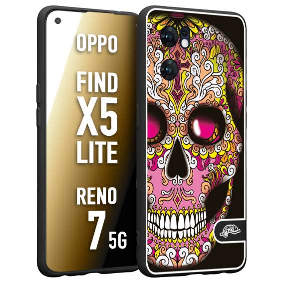 CUSTOMIZZA - Custodia cover nera morbida in tpu compatibile per Oppo Reno 7 - Find X5 LITE teschio messicano Mexican skull rosa gialla