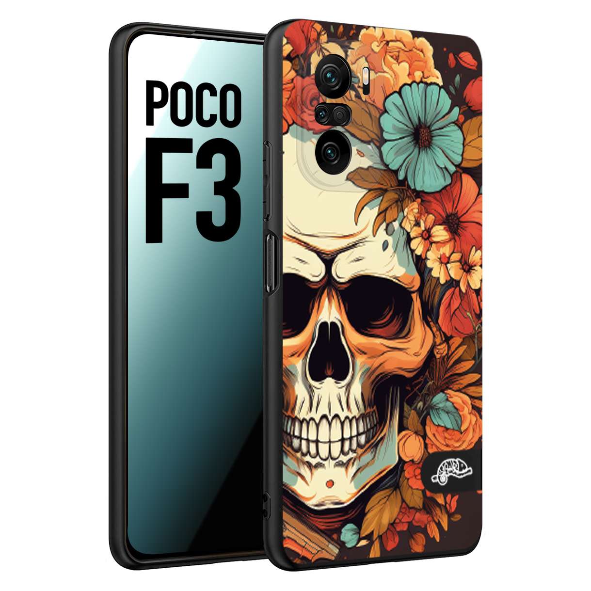 CUSTOMIZZA - Custodia cover nera morbida in tpu compatibile per Xiaomi Poco F3 teschio skull flowers fiori autunnali arancio celeste tattoo