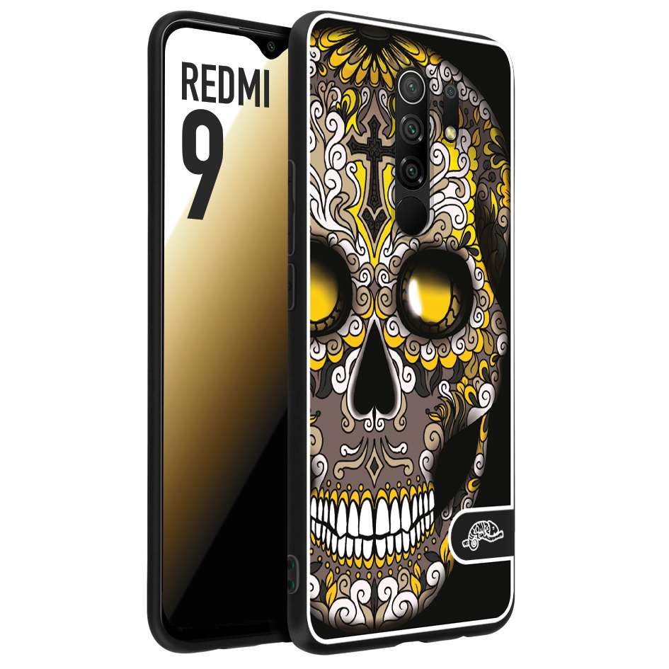 CUSTOMIZZA - Custodia cover nera morbida in tpu compatibile per Xiaomi Redmi 9 teschio messicano Mexican skull nero giallo