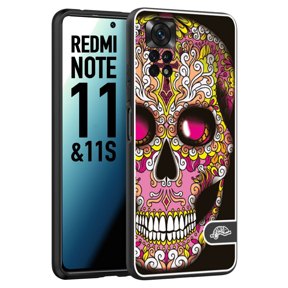 CUSTOMIZZA - Custodia cover nera morbida in tpu compatibile per Xiaomi Redmi Note 11 - Note 11S teschio messicano Mexican skull rosa gialla