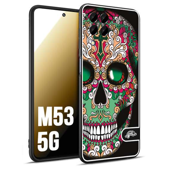 CUSTOMIZZA - Custodia cover nera morbida in tpu compatibile per Samsung M53 5G teschio messicano Mexican skull verde fucsia