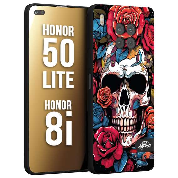 CUSTOMIZZA - Custodia cover nera morbida in tpu compatibile per Honor 8i - Honor 50 LITE teschio skull flowers fiori rose rosse tattoo disegnato
