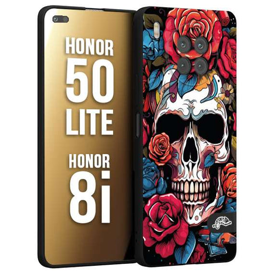 CUSTOMIZZA - Custodia cover nera morbida in tpu compatibile per Honor 8i - Honor 50 LITE teschio skull flowers fiori rose rosse tattoo disegnato