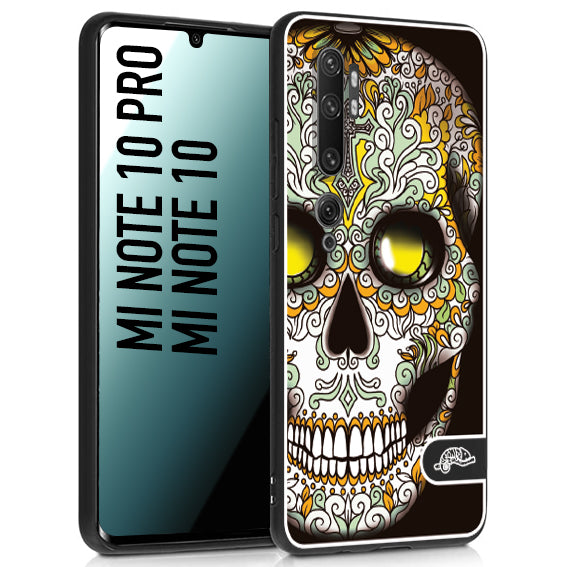 CUSTOMIZZA - Custodia cover nera morbida in tpu compatibile per Xiaomi Mi Note 10 - Mi Note 10 Pro teschio messicano Mexican skull bianco verde giallo