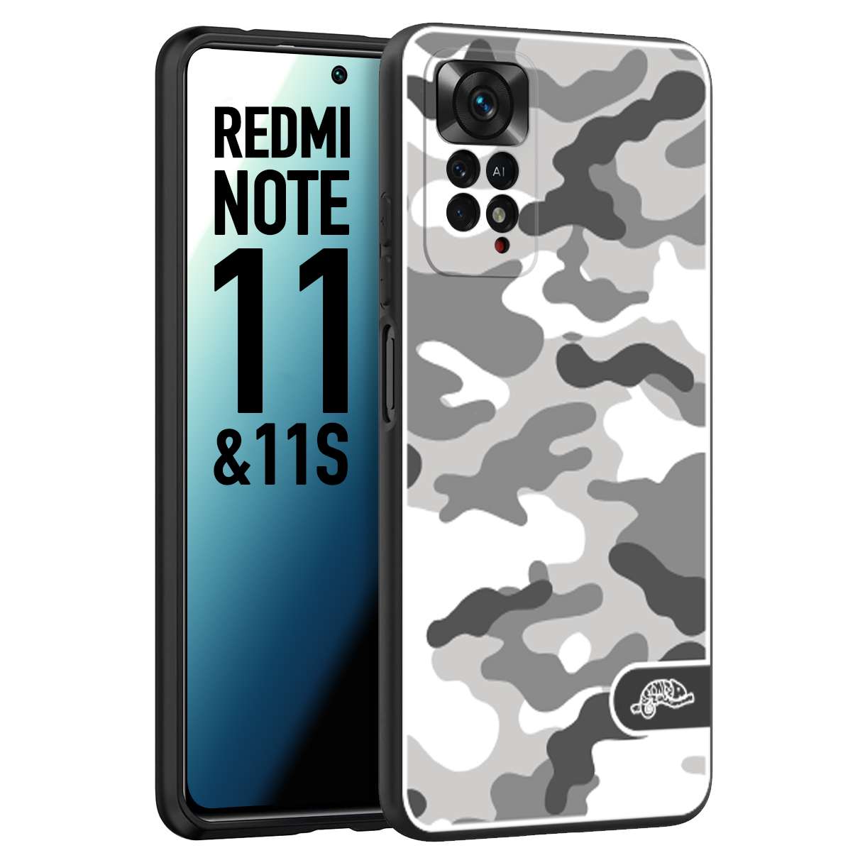 CUSTOMIZZA - Custodia cover nera morbida in tpu compatibile per Xiaomi Redmi Note 11 - Note 11S camouflage mimetico militare bianco white