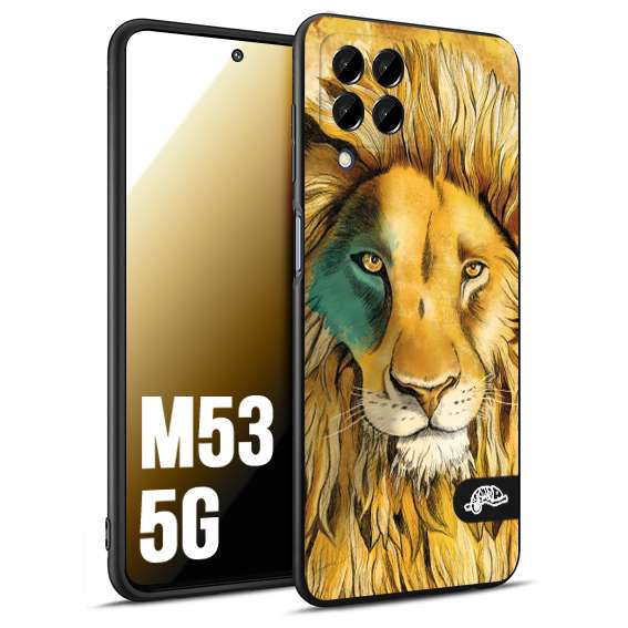 CUSTOMIZZA - Custodia cover nera morbida in tpu compatibile per Samsung M53 5G leone lion disegnato a mano giallo blu a rilievo artistico brown