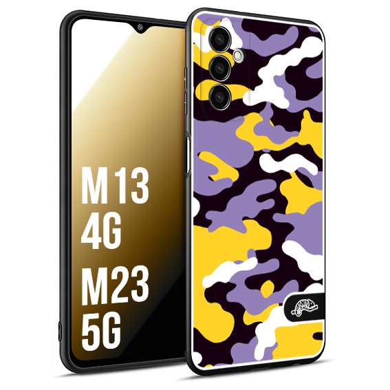 CUSTOMIZZA - Custodia cover nera morbida in tpu compatibile per Samsung M13 4G - M23 5G camouflage mimetico militare viola lilla giallo