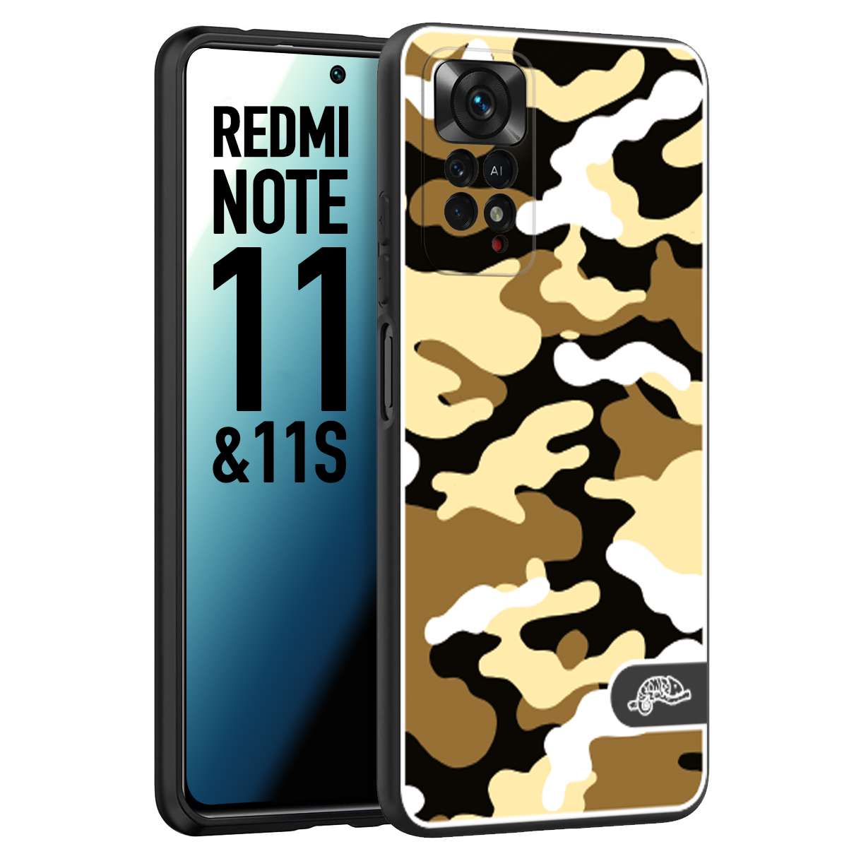 CUSTOMIZZA - Custodia cover nera morbida in tpu compatibile per Xiaomi Redmi Note 11 - Note 11S camouflage mimetico militare giallo desert brown