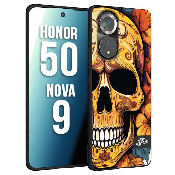 CUSTOMIZZA - Custodia cover nera morbida in tpu compatibile per Huawei Nova 9 - Honor 50 teschio messicano colorato dorato fiori autunnali disegnato