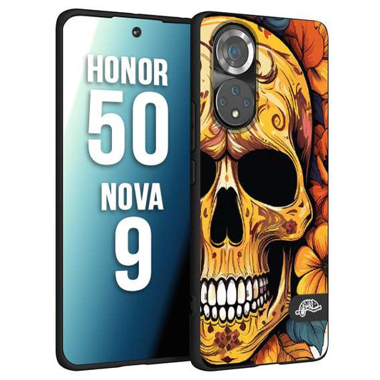 CUSTOMIZZA - Custodia cover nera morbida in tpu compatibile per Huawei Nova 9 - Honor 50 teschio messicano colorato dorato fiori autunnali disegnato