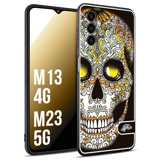 CUSTOMIZZA - Custodia cover nera morbida in tpu compatibile per Samsung M13 4G - M23 5G teschio messicano Mexican skull bianco verde giallo
