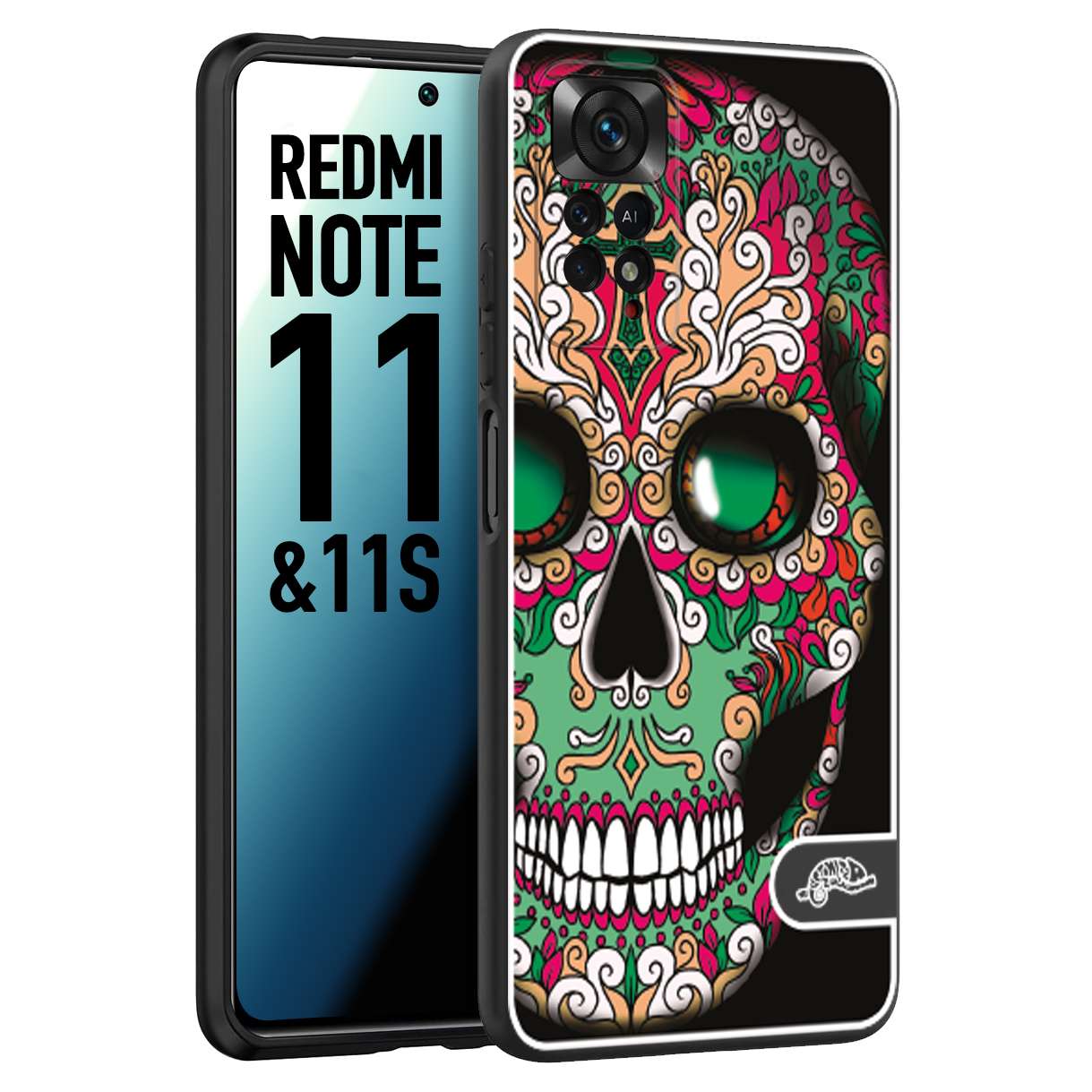 CUSTOMIZZA - Custodia cover nera morbida in tpu compatibile per Xiaomi Redmi Note 11 - Note 11S teschio messicano Mexican skull verde fucsia
