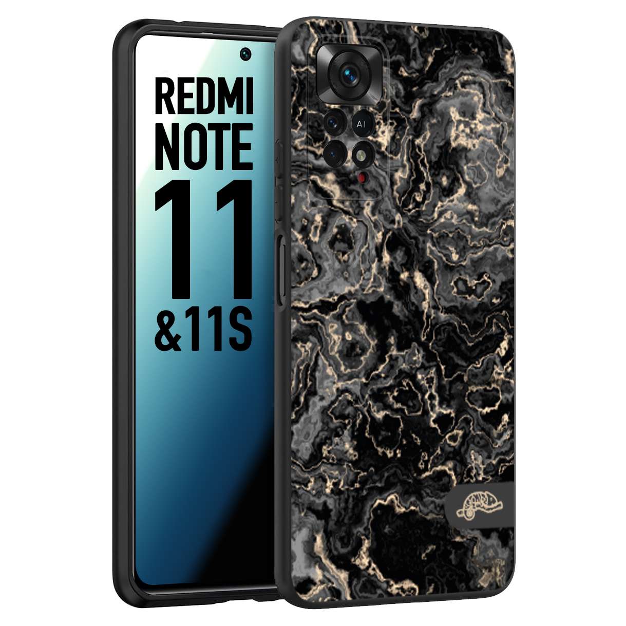 CUSTOMIZZA - Custodia cover nera morbida in tpu compatibile per Xiaomi Redmi Note 11 - Note 11S effetto marmo marble nero black venature dorato pietra