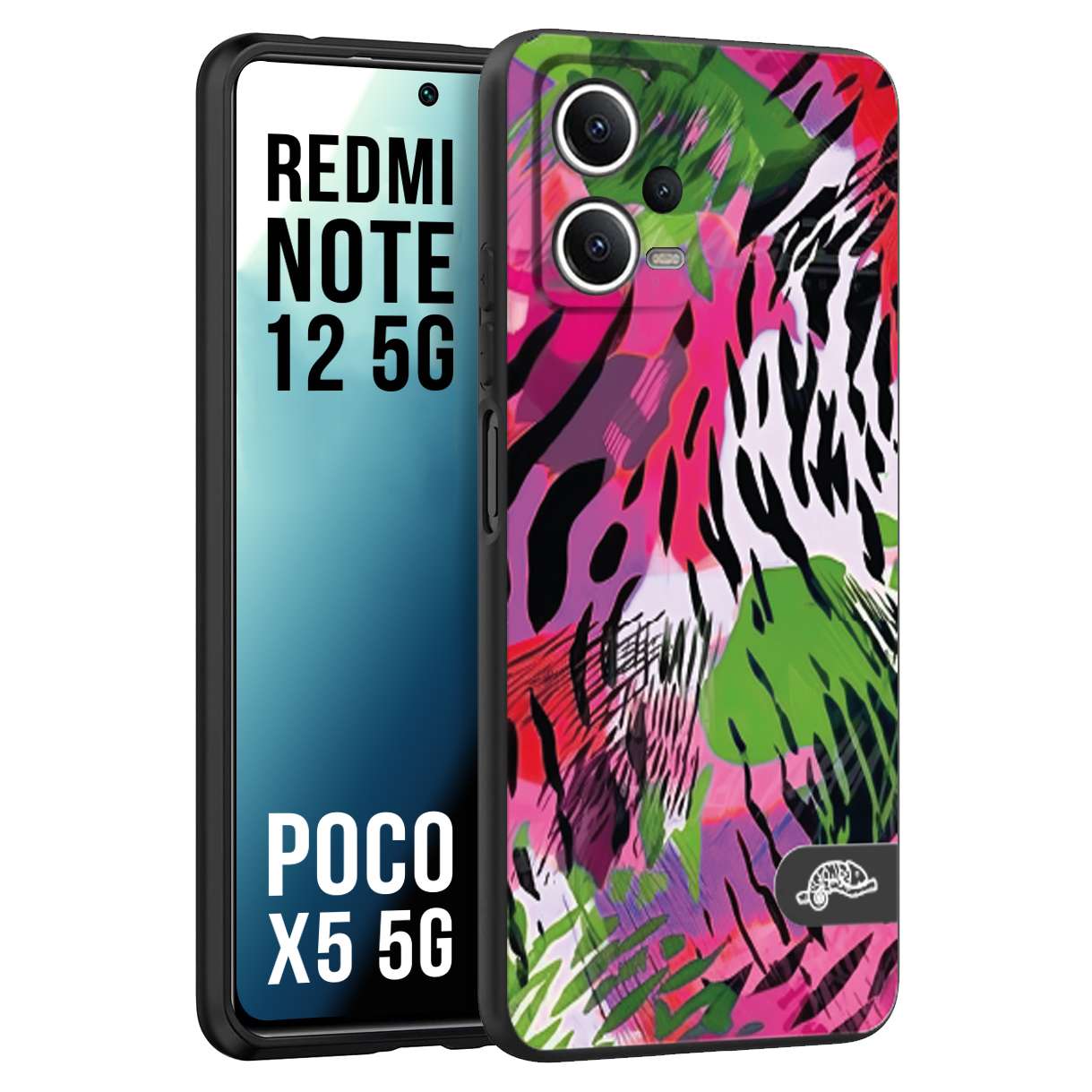 CUSTOMIZZA - Custodia cover nera morbida in tpu compatibile per Xiaomi Redmi Note 12 - POCO X5 5G leopardato tigrato tiger colorata summer color verde fucsia