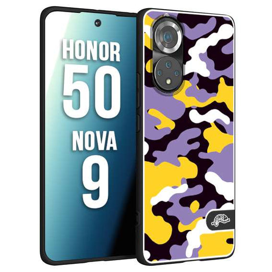 CUSTOMIZZA - Custodia cover nera morbida in tpu compatibile per Huawei Nova 9 - Honor 50 camouflage mimetico militare viola lilla giallo