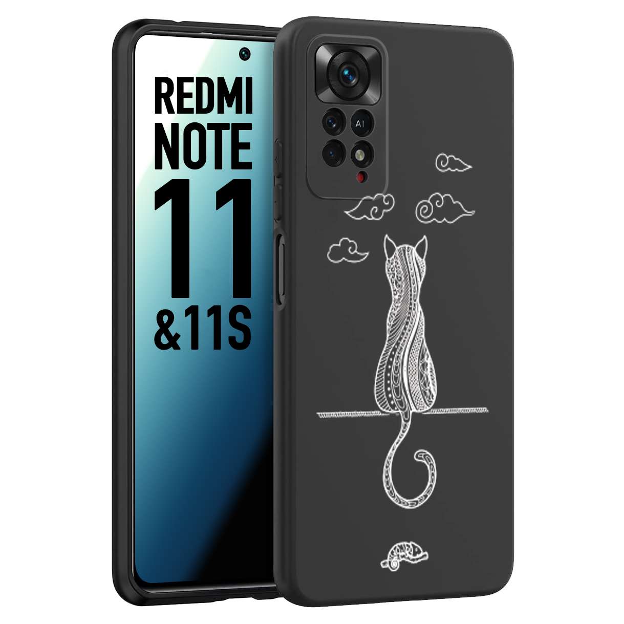 CUSTOMIZZA - Custodia cover nera morbida in tpu compatibile per Xiaomi Redmi Note 11 - Note 11S gatto mandala stilizzato gattino a rilievo soft touch donna bianca