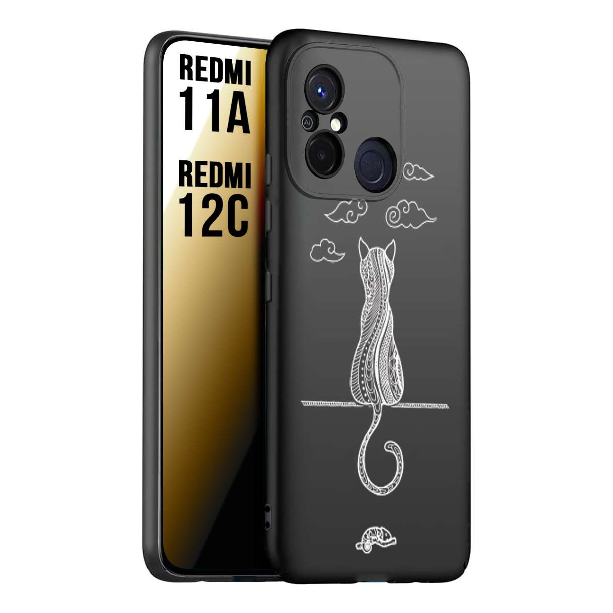 CUSTOMIZZA - Custodia cover nera morbida in tpu compatibile per Xiaomi Redmi 11A - 12C gatto mandala stilizzato gattino a rilievo soft touch donna bianca