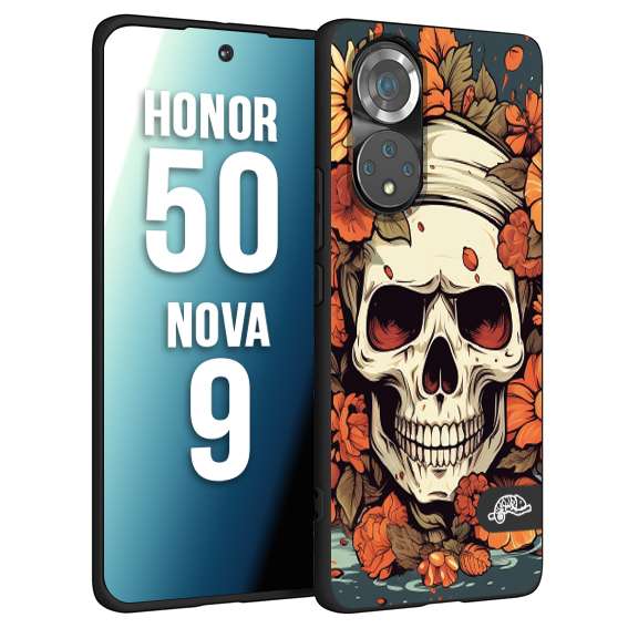 CUSTOMIZZA - Custodia cover nera morbida in tpu compatibile per Huawei Nova 9 - Honor 50 teschio skull flowers fiori tattoo disegnato alta definizione