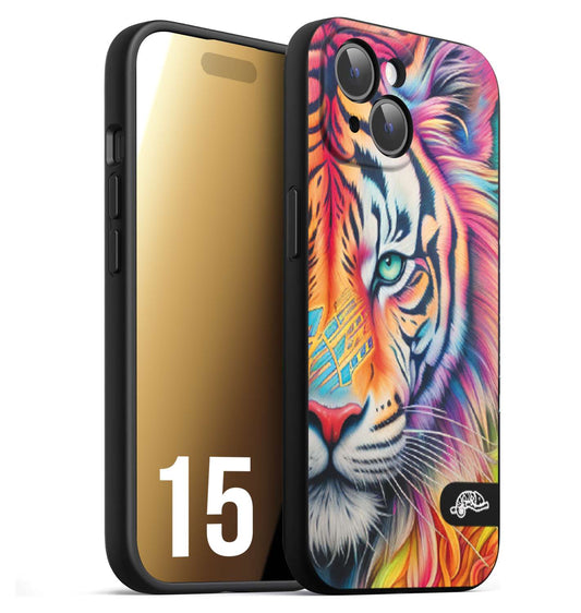 CUSTOMIZZA - Custodia cover nera morbida in tpu compatibile per iPhone 15 animali color tigre tiger viso colori vibranti disegnato schizzo