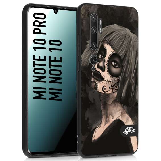 CUSTOMIZZA - Custodia cover nera morbida in tpu compatibile per Xiaomi Mi Note 10 - Mi Note 10 Pro chicana messicana dea de la muerte donna santa tattoo disegnata