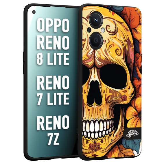 CUSTOMIZZA - Custodia cover nera morbida in tpu compatibile per Oppo Reno 7 Lite - 8 Lite - 7Z teschio messicano colorato dorato fiori autunnali disegnato
