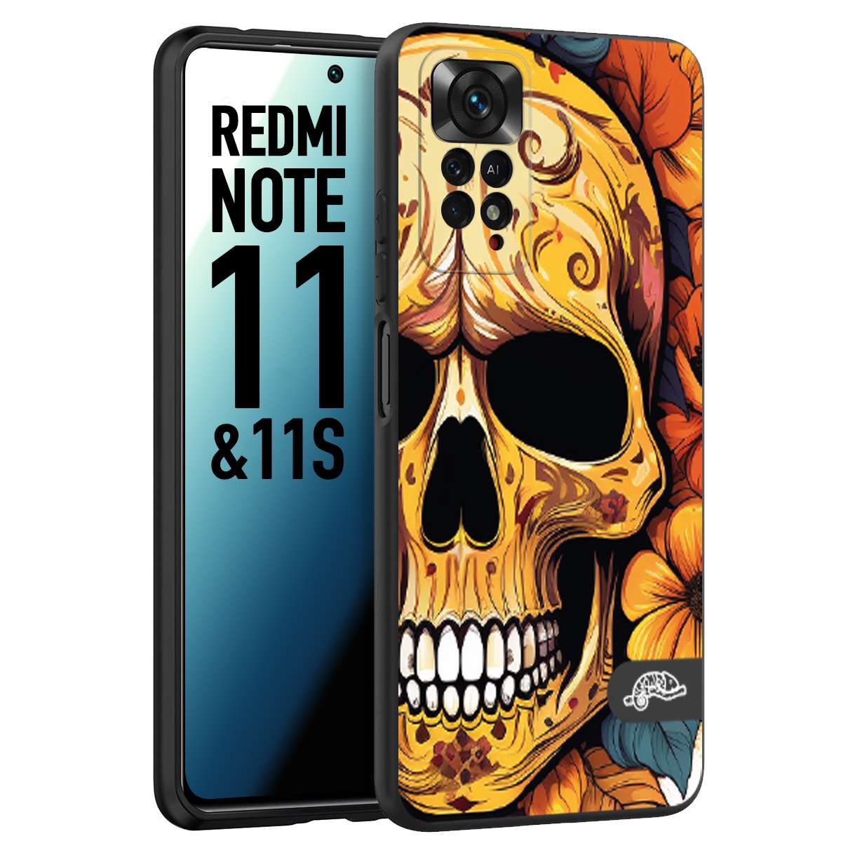 CUSTOMIZZA - Custodia cover nera morbida in tpu compatibile per Xiaomi Redmi Note 11 - Note 11S teschio messicano colorato dorato fiori autunnali disegnato