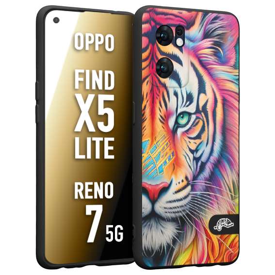 CUSTOMIZZA - Custodia cover nera morbida in tpu compatibile per Oppo Reno 7 - Find X5 LITE animali color tigre tiger viso colori vibranti disegnato schizzo