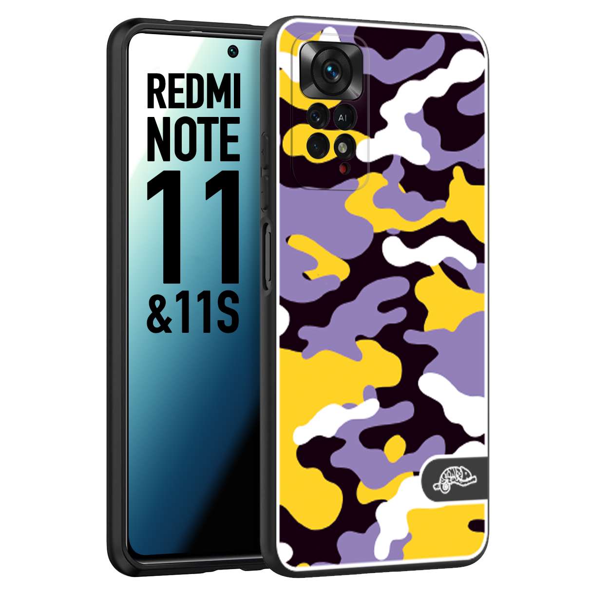 CUSTOMIZZA - Custodia cover nera morbida in tpu compatibile per Xiaomi Redmi Note 11 - Note 11S camouflage mimetico militare viola lilla giallo