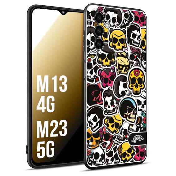 CUSTOMIZZA - Custodia cover nera morbida in tpu compatibile per Samsung M13 4G - M23 5G sticker bomb teschi colorati adesivi skulls skater snowboard