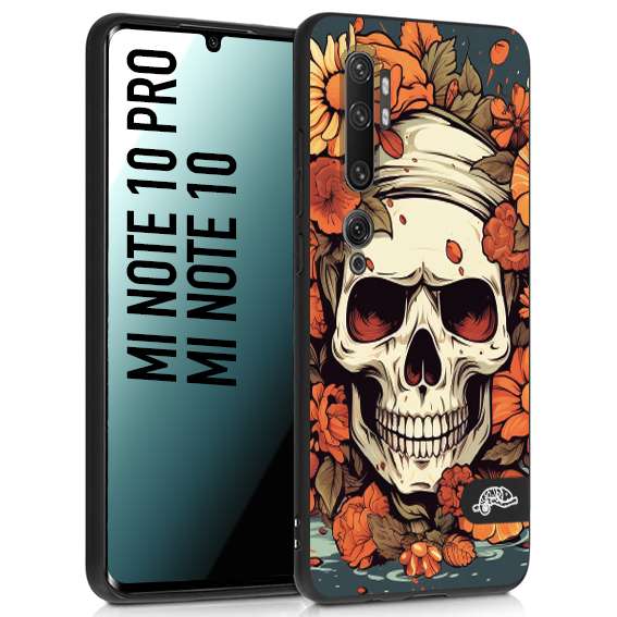 CUSTOMIZZA - Custodia cover nera morbida in tpu compatibile per Xiaomi Mi Note 10 - Mi Note 10 Pro teschio skull flowers fiori tattoo disegnato alta definizione
