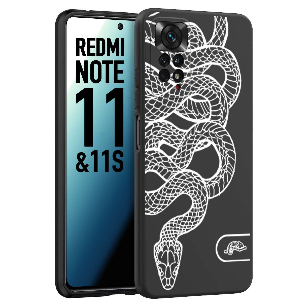 CUSTOMIZZA - Custodia cover nera morbida in tpu compatibile per Xiaomi Redmi Note 11 - Note 11S serpente snake bianco a rilievo disegnato tattoo tatuaggio
