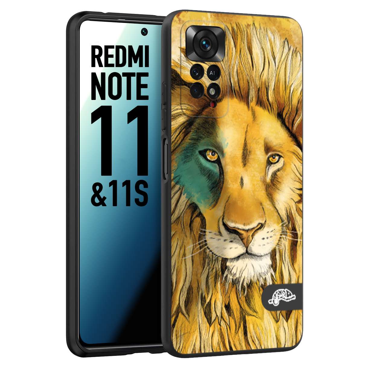 CUSTOMIZZA - Custodia cover nera morbida in tpu compatibile per Xiaomi Redmi Note 11 - Note 11S leone lion disegnato a mano giallo blu a rilievo artistico brown