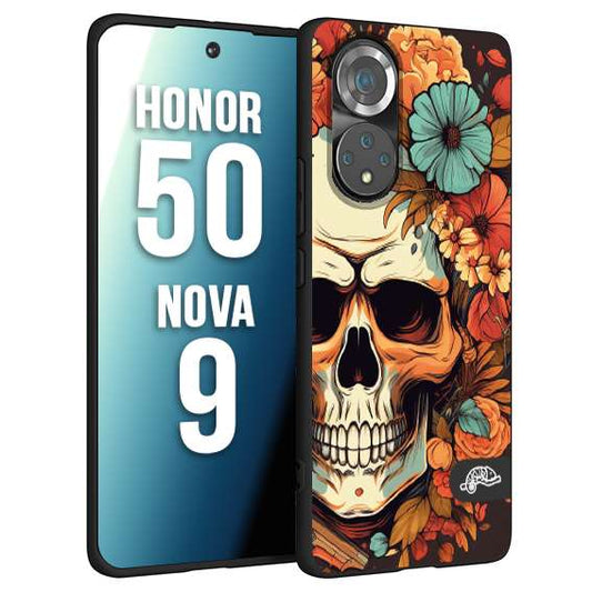 CUSTOMIZZA - Custodia cover nera morbida in tpu compatibile per Huawei Nova 9 - Honor 50 teschio skull flowers fiori autunnali arancio celeste tattoo