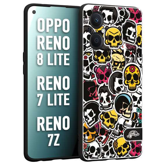 CUSTOMIZZA - Custodia cover nera morbida in tpu compatibile per Oppo Reno 7 Lite - 8 Lite - 7Z sticker bomb teschi colorati adesivi skulls skater snowboard